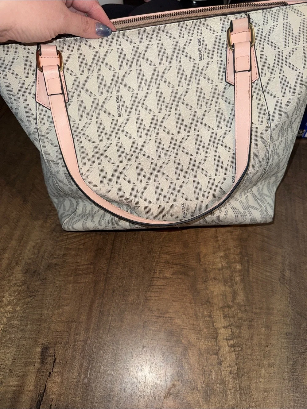 Michael Kors Beige Logo Tote with Pink Trim